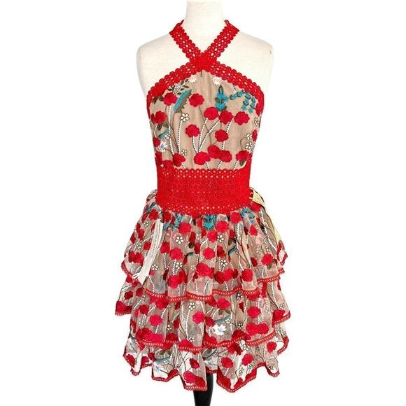 Bronx and Banco Ivanka Floral Embroidered Tiered Mini Dress - US Size 10 - Picture 2 of 7